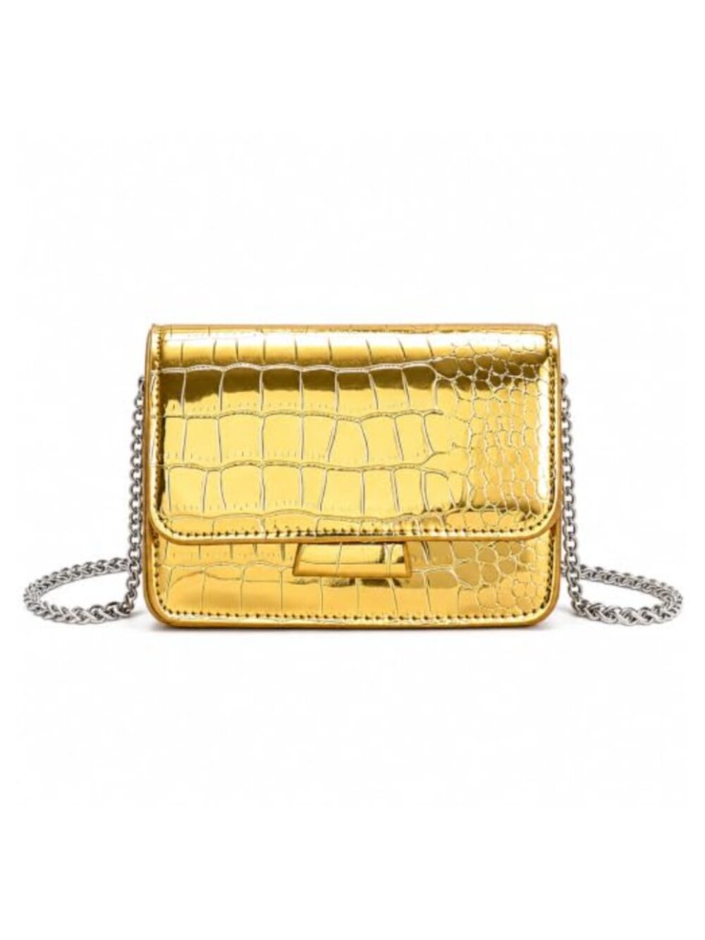 Mini Crossbody Bag Patent Leather Crocodile Purse Detachable Silver Chain